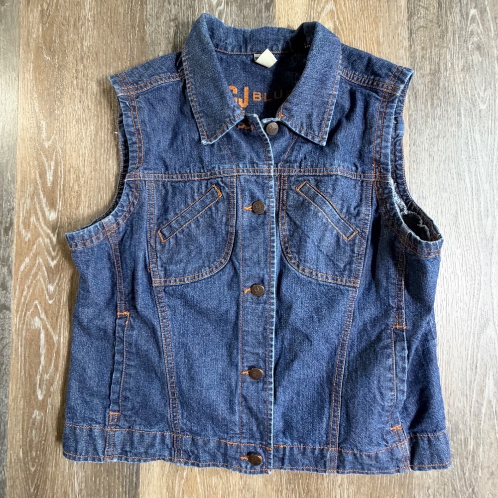 CJ Blue Denim Vest Womens Large Blue Button Up Sleeveless Trucker Jacket Pocket